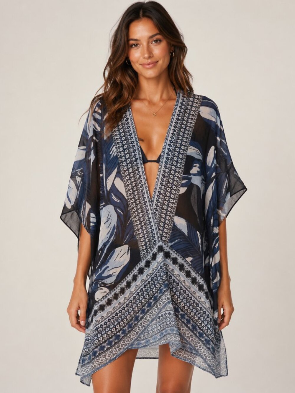 Badgley Mischka Studio Blue Floral Sheer Kimono Ruana One Size Boho